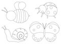 Set of insects graphics black and white vector illustration. Bee Ladybug Snail Butterfly doodle Royalty Free Stock Photo